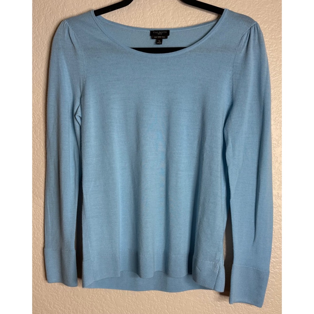 Talbots‎ Womens S Petite Light Blue Merino Wool Sweater Pearl Cuff Long Sleeve